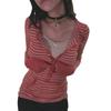Women Long Sleeve Knit Tops Casual Striped 3/4 Button Pullover Shirt with Pockets for Club Streetwear