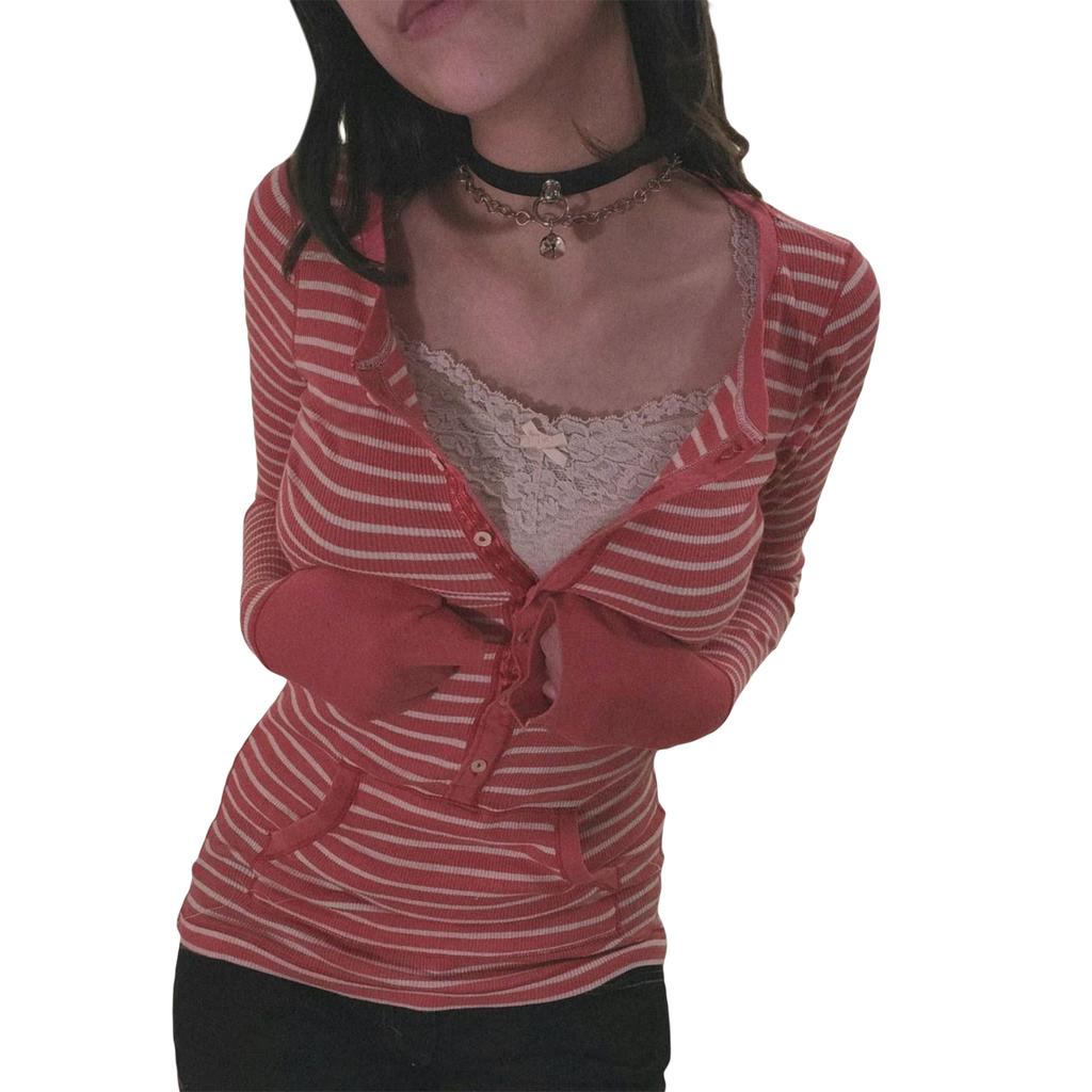 Women Long Sleeve Knit Tops Casual Striped 3/4 Button Pullover Shirt with Pockets for Club Streetwear