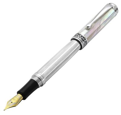 Xezo Maestro Füllfederhalter Medium Feine Feder Geschenk des Schreibens Serie 925 Sterling Silber und Weiß Perlmutt Handgefertigt und (0,45 mm Linie) Perle,