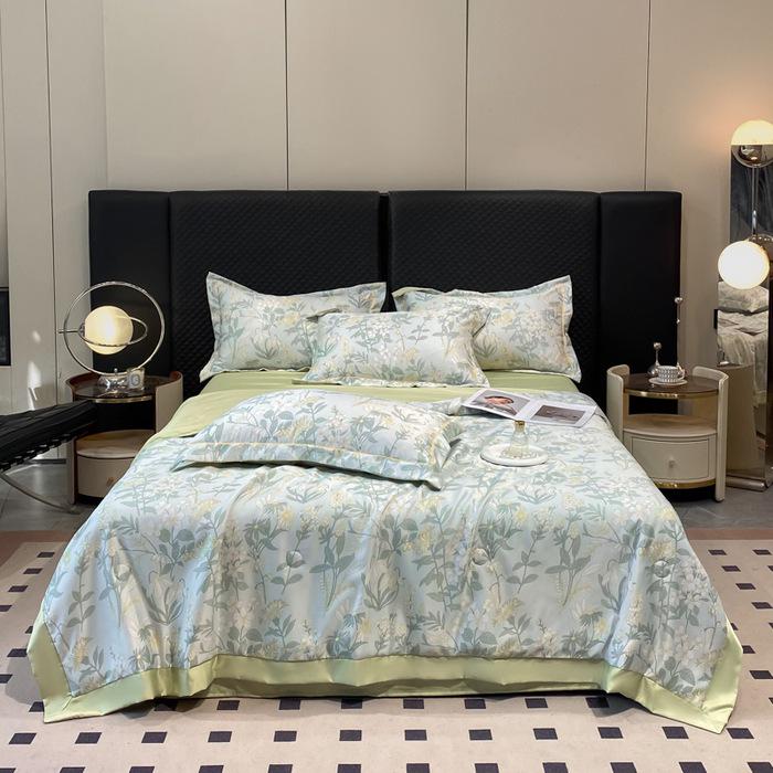 Printed Tencel Summer Quilt 4-Piece Set - Cooling Ice Silk for Naked Sleep, Smooth Gift Quilt