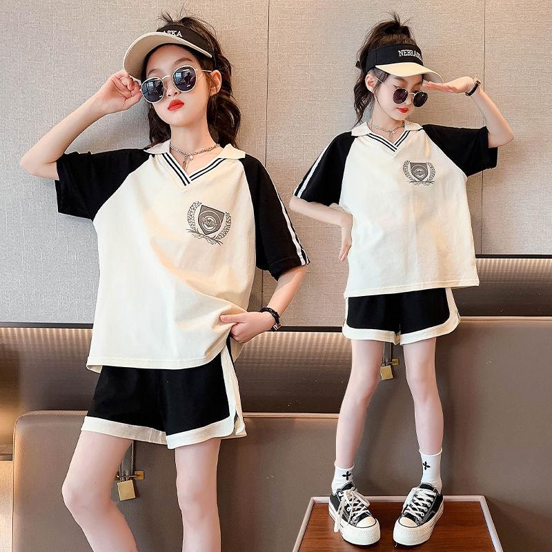 

Летний комплект одежды для детей, модные футболки с V-образным вырезом и шорты, комплект из 2 предметов, подростковый топ с лацканами, низ, спортивные костюмы 120