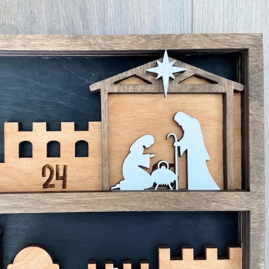 Nativity Scene Countdown Calendar 25 Days Wood Christmas Religious Table Decor Multi-Functional Religious Table Ornament Tray