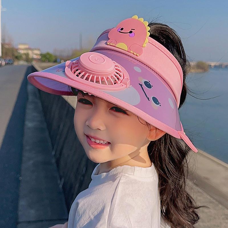 

Summer Childrens Sun Hat With Cartoon Dinosaur And Airflow Fan For Sunblock And Cool Comfort рожевий
