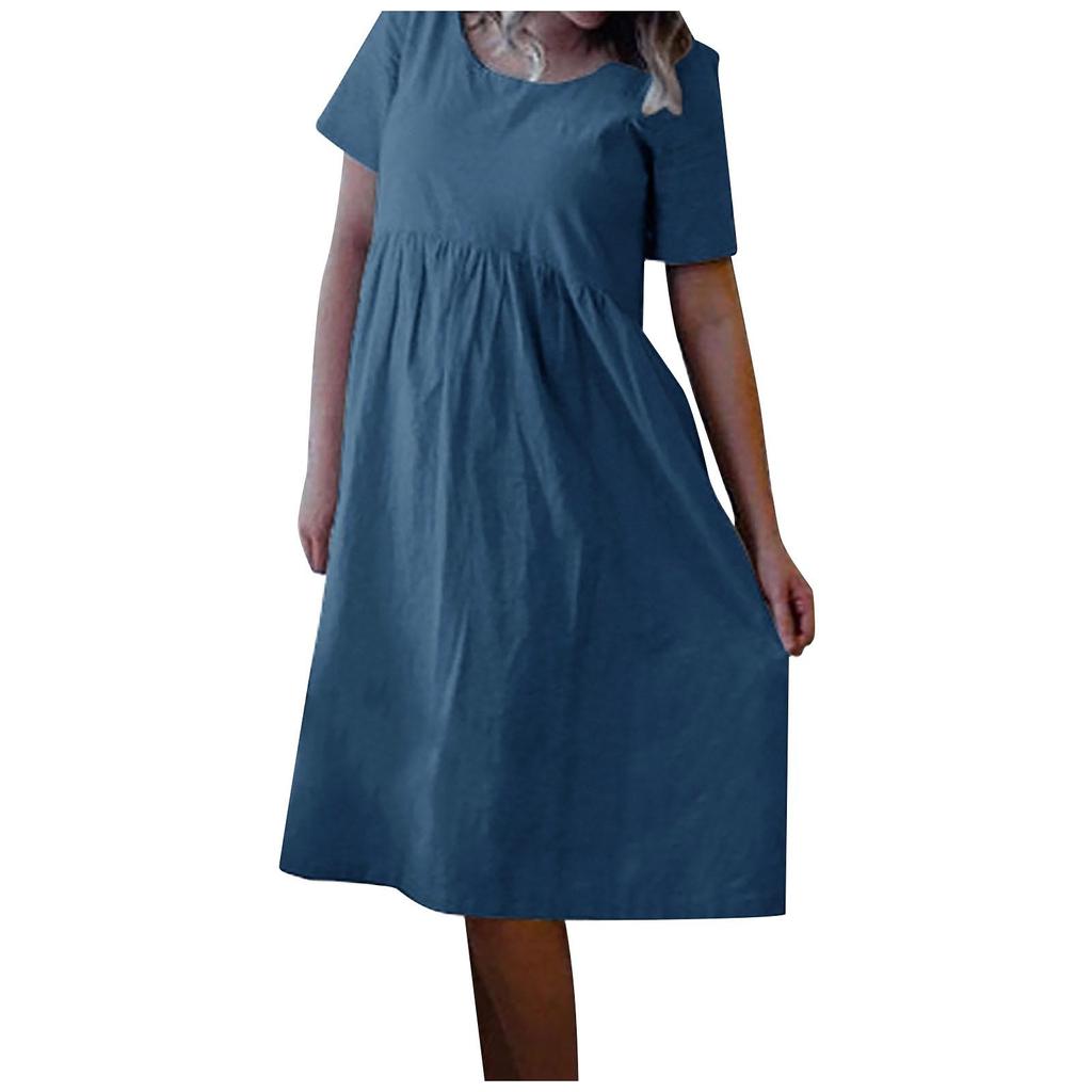 Women's Short Sleeve Cotton Linen Round Neck Pullover Oversized Dress