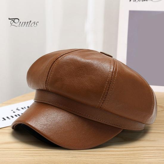 Women Beret Hat Spring Summer Retro Solid Color Faux Leather Short Brim Decorative Sun Protection Anti-UV Breathable Lady Painter Unisex Octagonal Cap