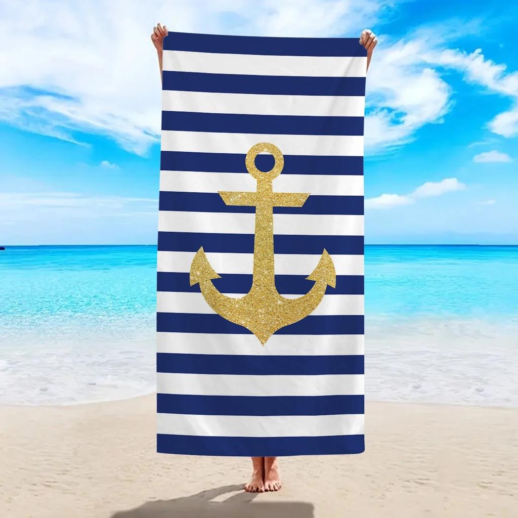 Nautical Anchor Beach Towel 2D Flat Printed Peach Skin Striped Soft Bath Towel Gold Pattern Decorative Towel For Vacation Travel