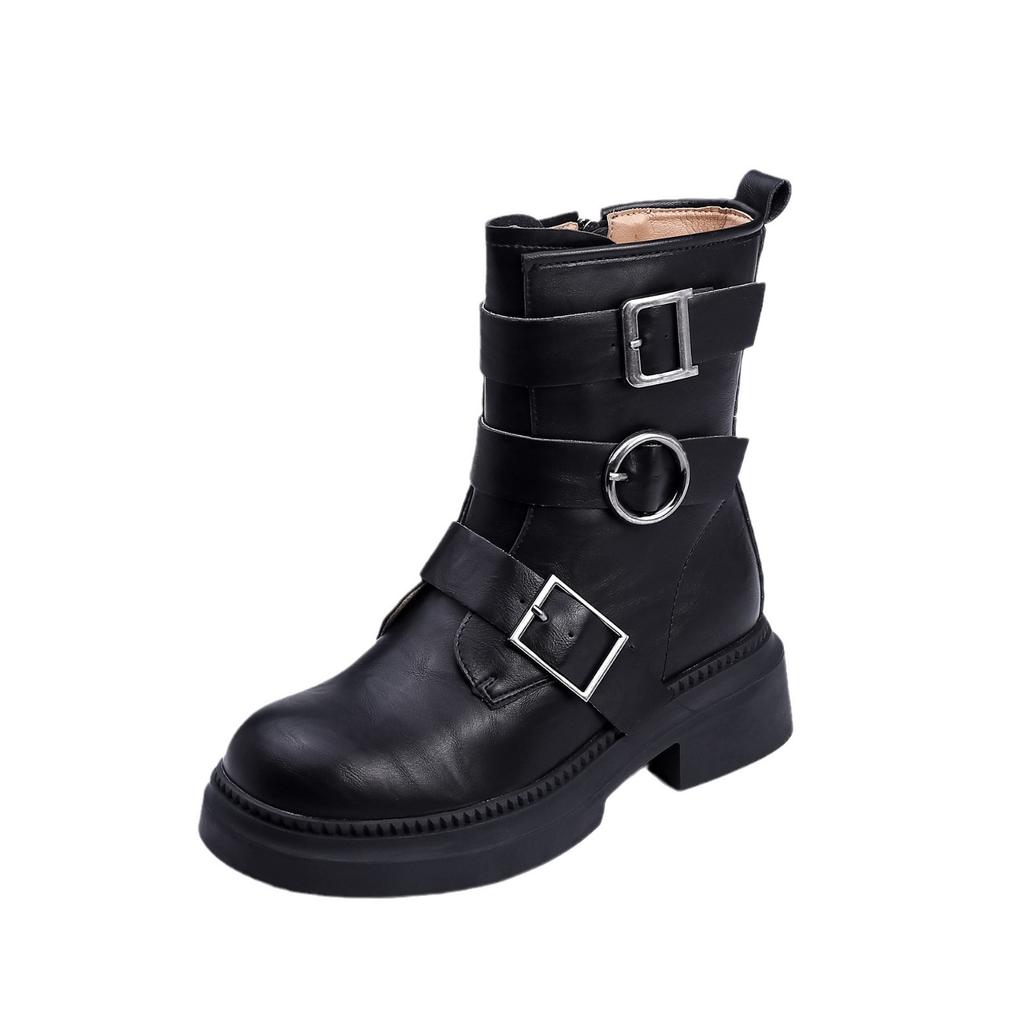 Korean version of knight boots women's belt buckle thick-soled heightening women's boots winter 2025 new retro western cowboy boots