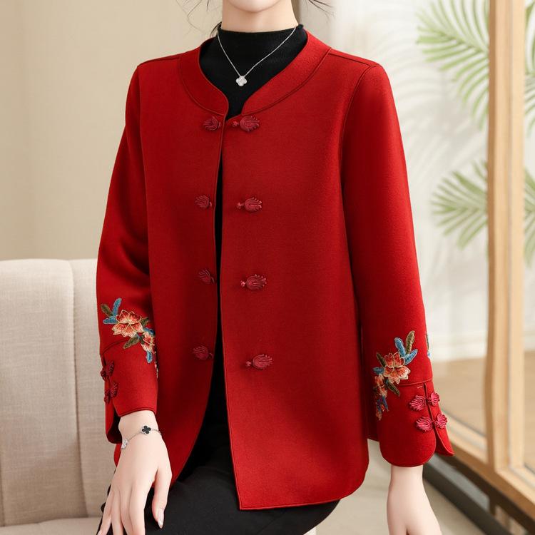 Mom's Autumn Woolen Coat Middle-aged Women's Autumn and Winter Wedding Dress Middle-aged and Elderly Mother-in-law's Red Coat Embroidered