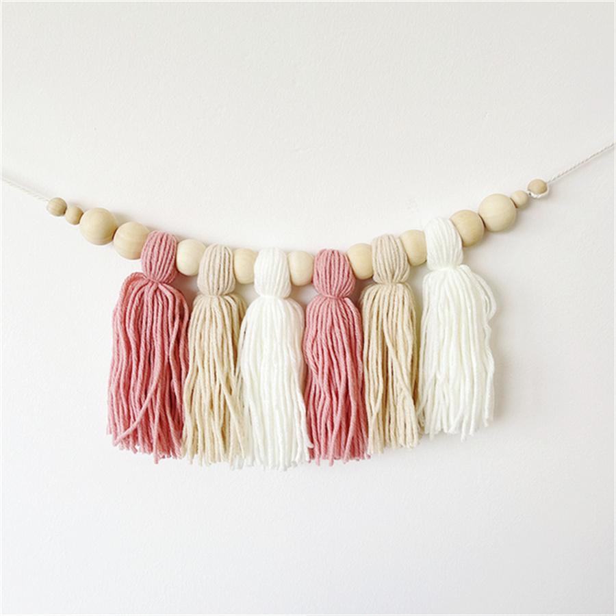 Boho Cotton Tassel Garland Wall Decoration with Wooden Beads Nursery Decor for Baby Room Tent Hanging Pendant Photo Props