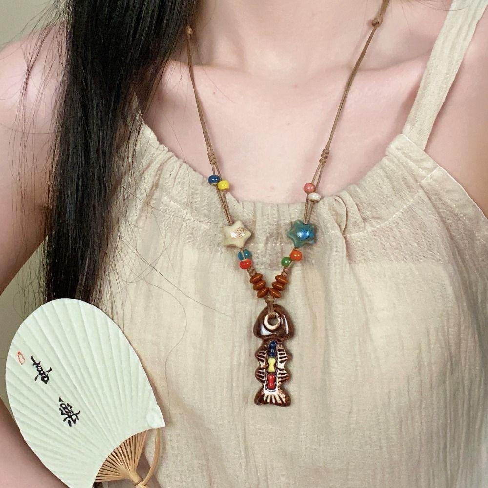 Wood Ethnic Style Necklace Tassel Bohemian Style Choker Elegant Ceramic Fish Necklace  Lady