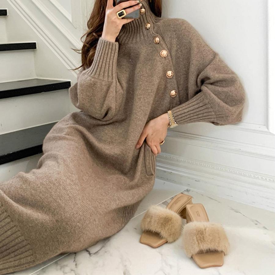 Autumn New French Style Matching Coat Inner Sweater Long Over-Knee Knit Dress for Women