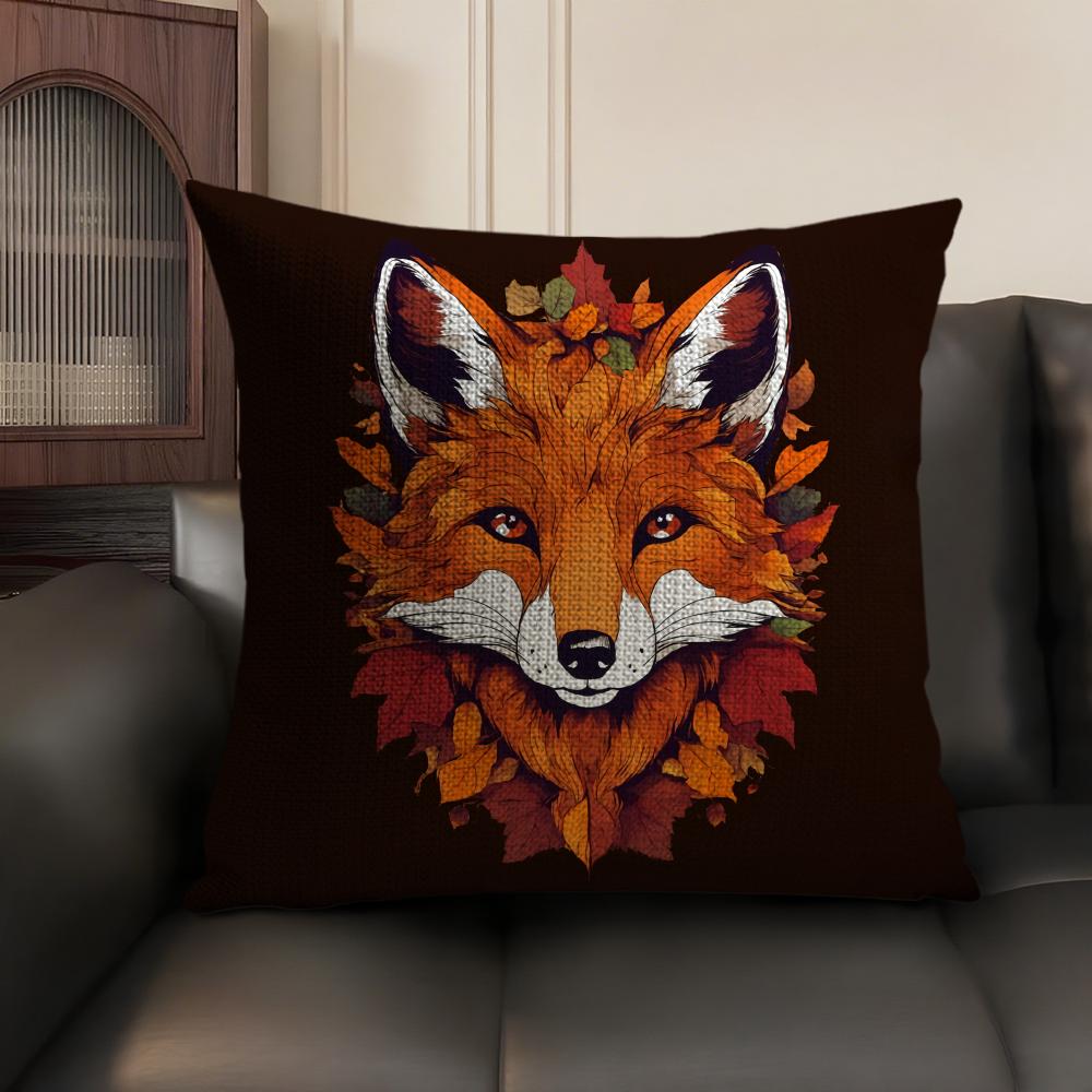 Cute Fox Cushion Cover Summer Breathable Linen Organic Fabric Double-Sided Printing Sofa Pillow Case Home Decor