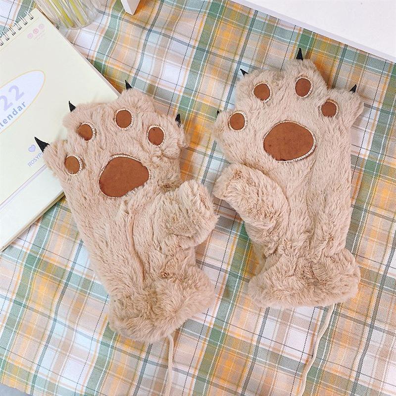 Women Gloves Bear Palm Paw Animals Plushclaw Glove Winter Fluffy Cat Paw Full Finger Gloves Keep Warm Lovely Soft Furry Mittens