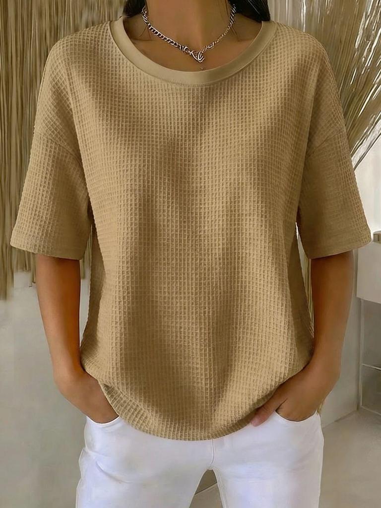 2026 Summer New Fashion: Simple Solid Color Waffle Knit Round Neck Short Sleeve Top