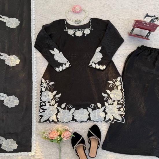 Black Frendy Silk Floral Embroidered Palazzo Suit with Dupatta Set