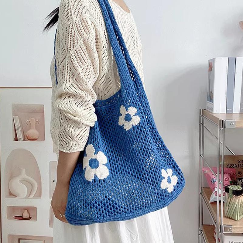 Damen-Umhängetasche mit großem Fassungsvermögen, modisches Blumenmuster, gehäkelte Tragetasche, All-Match-Tasche, süße Gürteltasche, Stricktasche