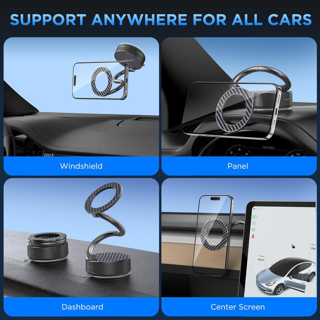 Vacuum Magnetic Phone Holder Stand With Suction Cup - Ultra Long Metal Arm & 360° Adjustable Car Phone Mount For All Smartphones, All Car Models
