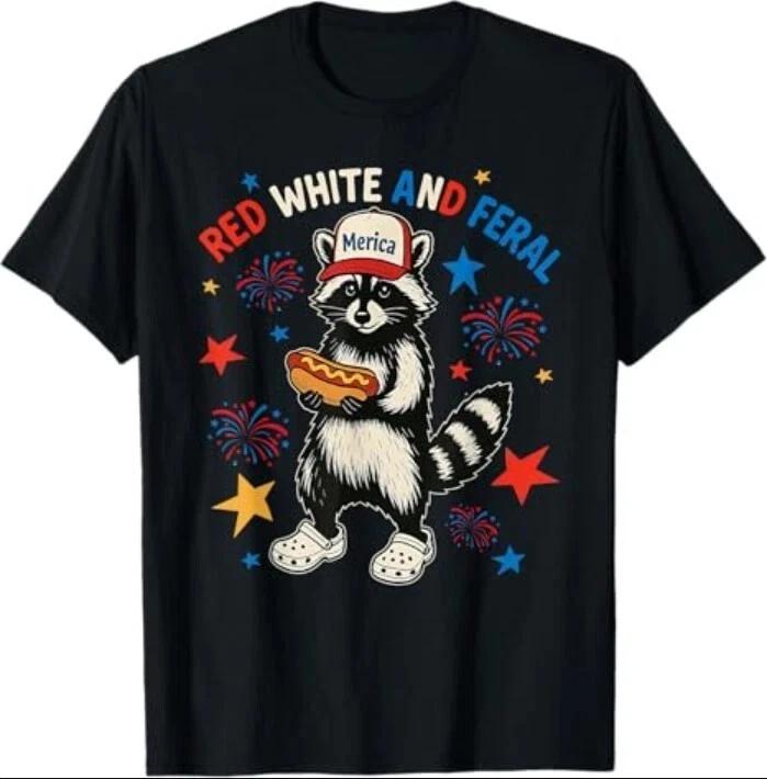 Red White And Feral Funny Raccoon 4th Of July Tshirt S