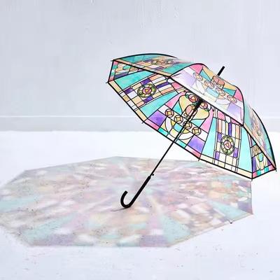 Regenwald-Bogen-Regenschirm im britischen Stil, transparent, Vintage-Stil, bemaltes Glas, transparenter Regenschirm mit langem Griff, automatischer Regenschirm