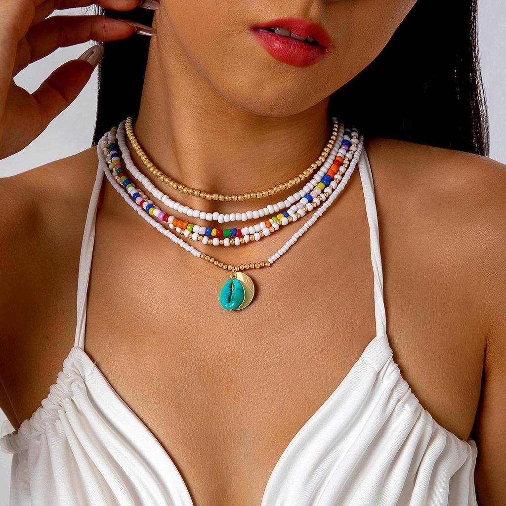 Bohemian Conch Shell Necklace Rice Bead Set, Beach Wind Devil's Eye Necklace Set