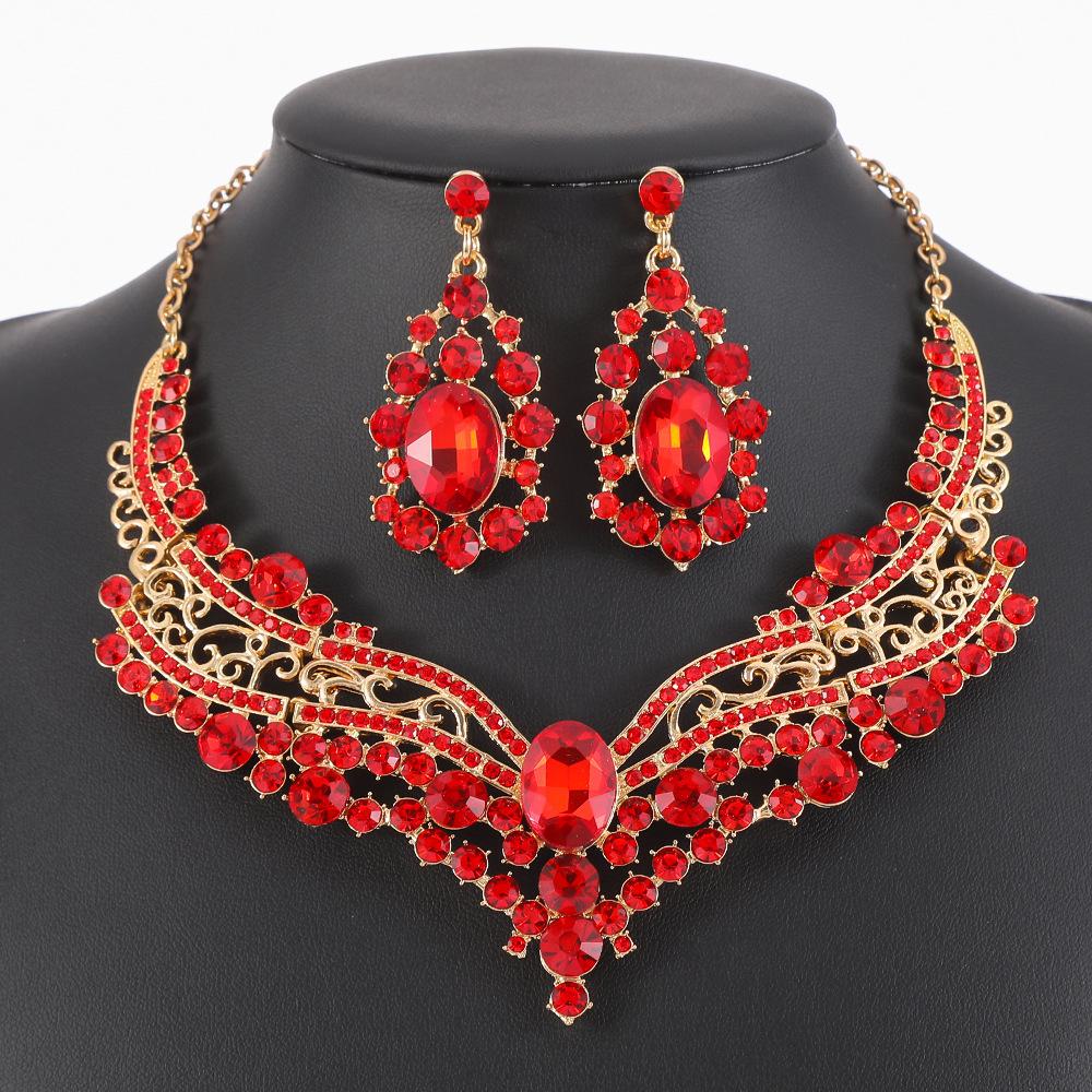 Women Crystal Necklace Earrings Indian Bridal Jewelry Sets Brides Wedding Party Costume Accessories