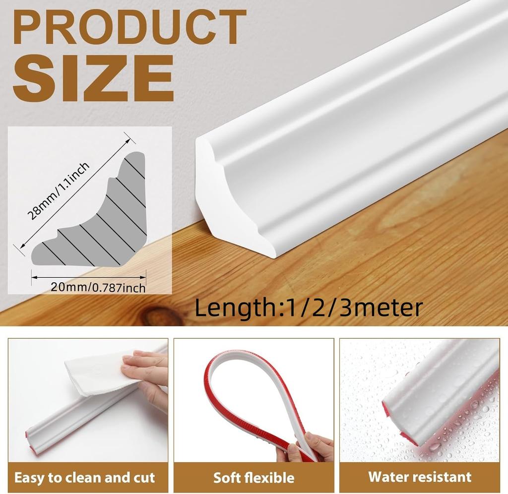 1PC 1/2/3m PVC corner decoration self-adhesive wall corner molding - white 90 ° corner decoration, suitable for wall and floor e