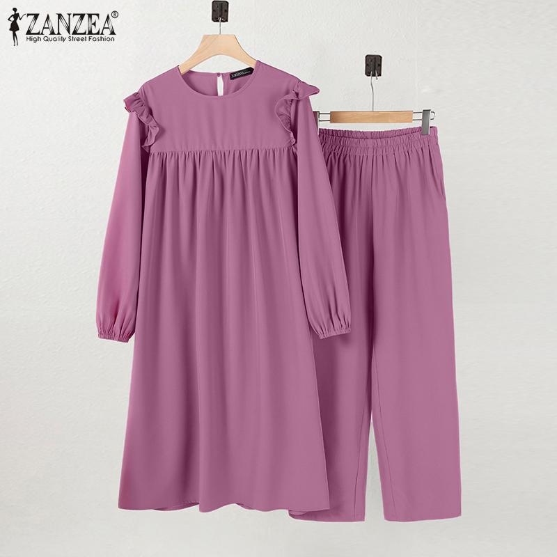 ZANZEA Dame lang bluse og bukser Retro Casual todelt sett