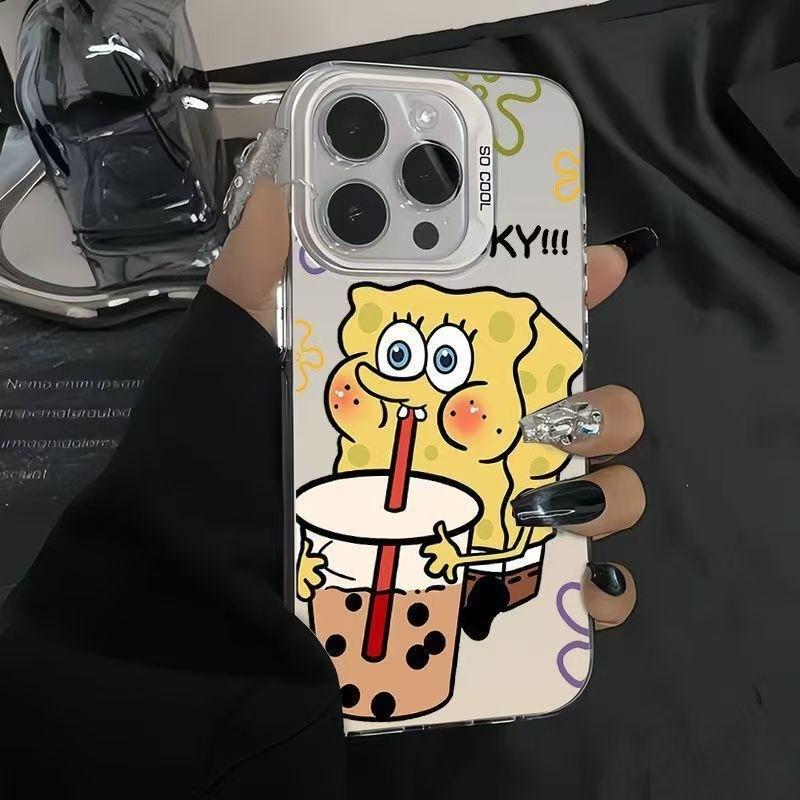 Milk Tea SpongeBob SquarePants Suitable for Apple 16PROMAX/iPhone15/iPhone14 Couple Colored Silver Mobile Phone Case
