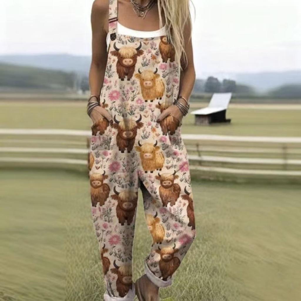 Women's Sleeveless Mid Rise 3D Digital Print Loose Casual Overalls Jumpsuit For Summer