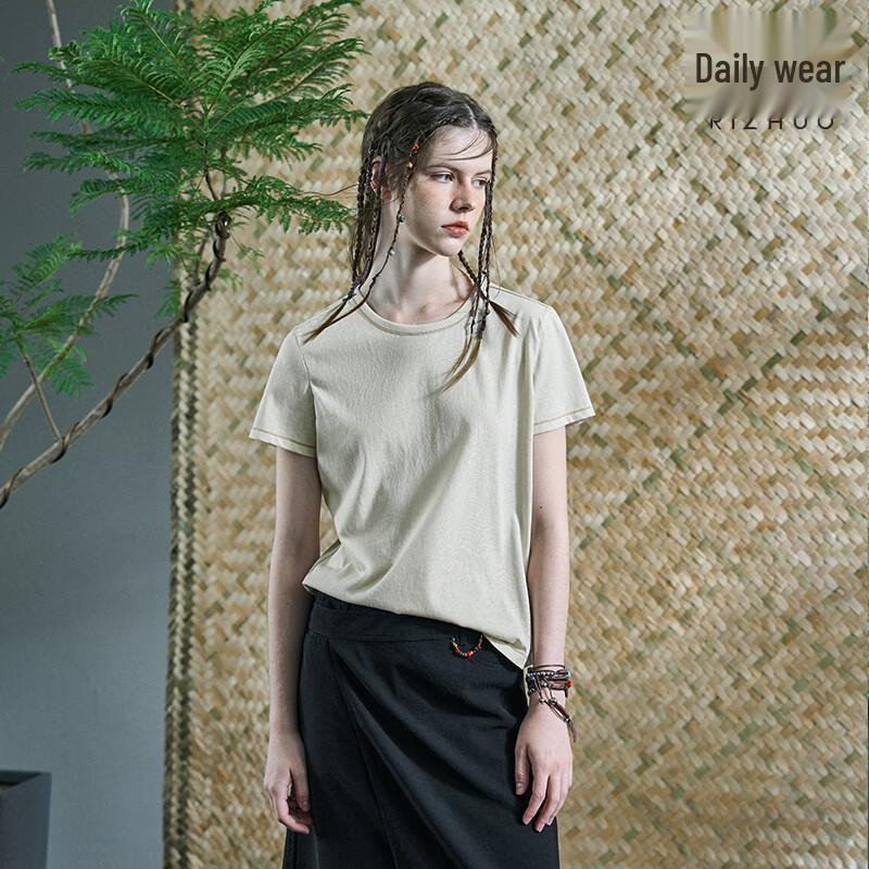 Women s Contrast Stitch Cotton Knit Short Sleeve T-Shirt M белый