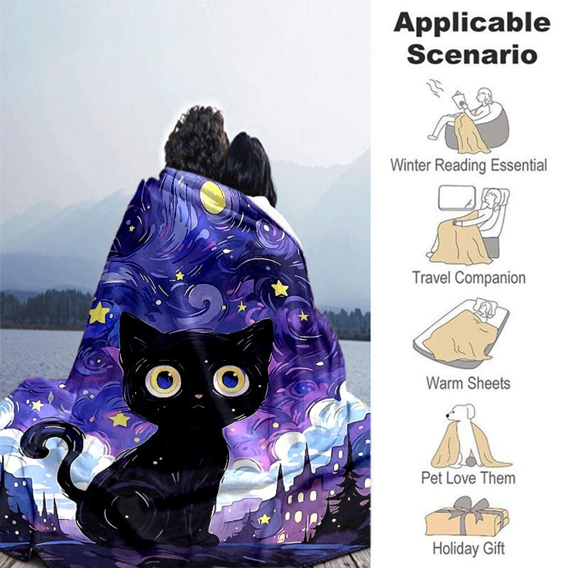 1pc Night Sky Black Cat Blanket Soft Throw for Home Decor, Gift Idea, Seasonal Use, Living Room, Travel, Camping, Car Blankets