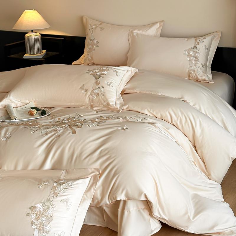 100% Cotton Luxury Rose Flowers Embroidery Bedding Queen King Size Duvet Cover Set Flat/Fitted Bed Sheet Pillowcases 4Pcs