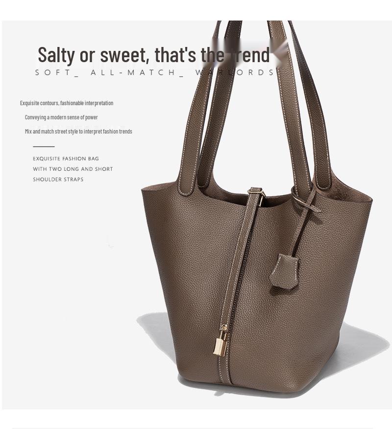 Extra Large Genuine Leather Single Shoulder Market Basket Bag - Top Layer Cowhide Exquisite Women's Handheld Bucket Bag