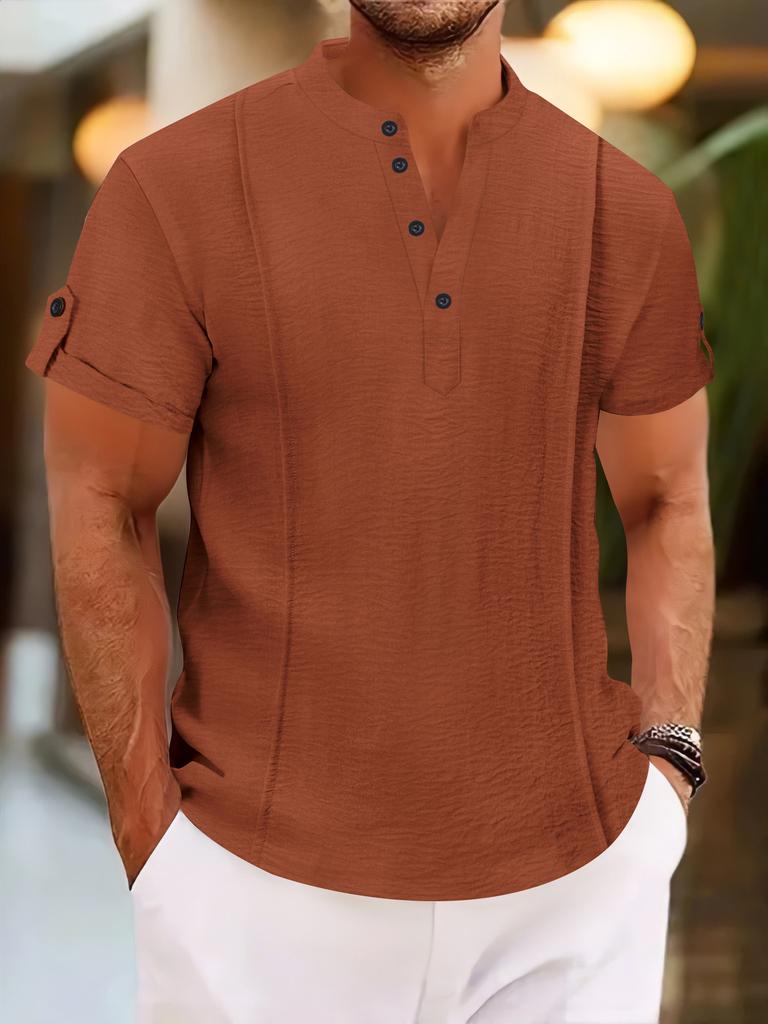 Maglietta Henley da Uomo Estiva in Misto Cotone, Tinta Unita Scollo a V con Bottoni Manica Corta Casual con Texture Rugosa