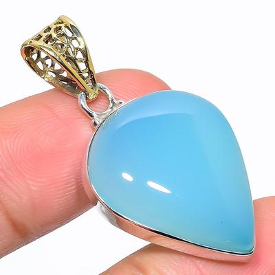 Natürlicher Aqua Chalcedon Edelstein 925 Sterlingsilber Zweifarbig Anhänger 1,65" f3M21