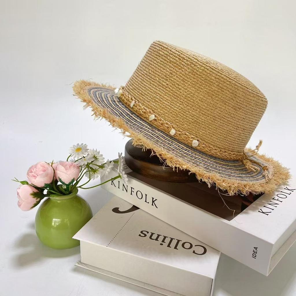Delle Ethnic Style Raffia Flat Top Hat Women'S Outdoor Travel Sunscreen Sunshade Burr Straw Hat