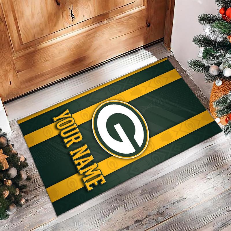 Green Bay Packers Crystal Velvet Rug, Custom Name Text Personalized Non‑Slip Floor Mat for Home Decor Gift