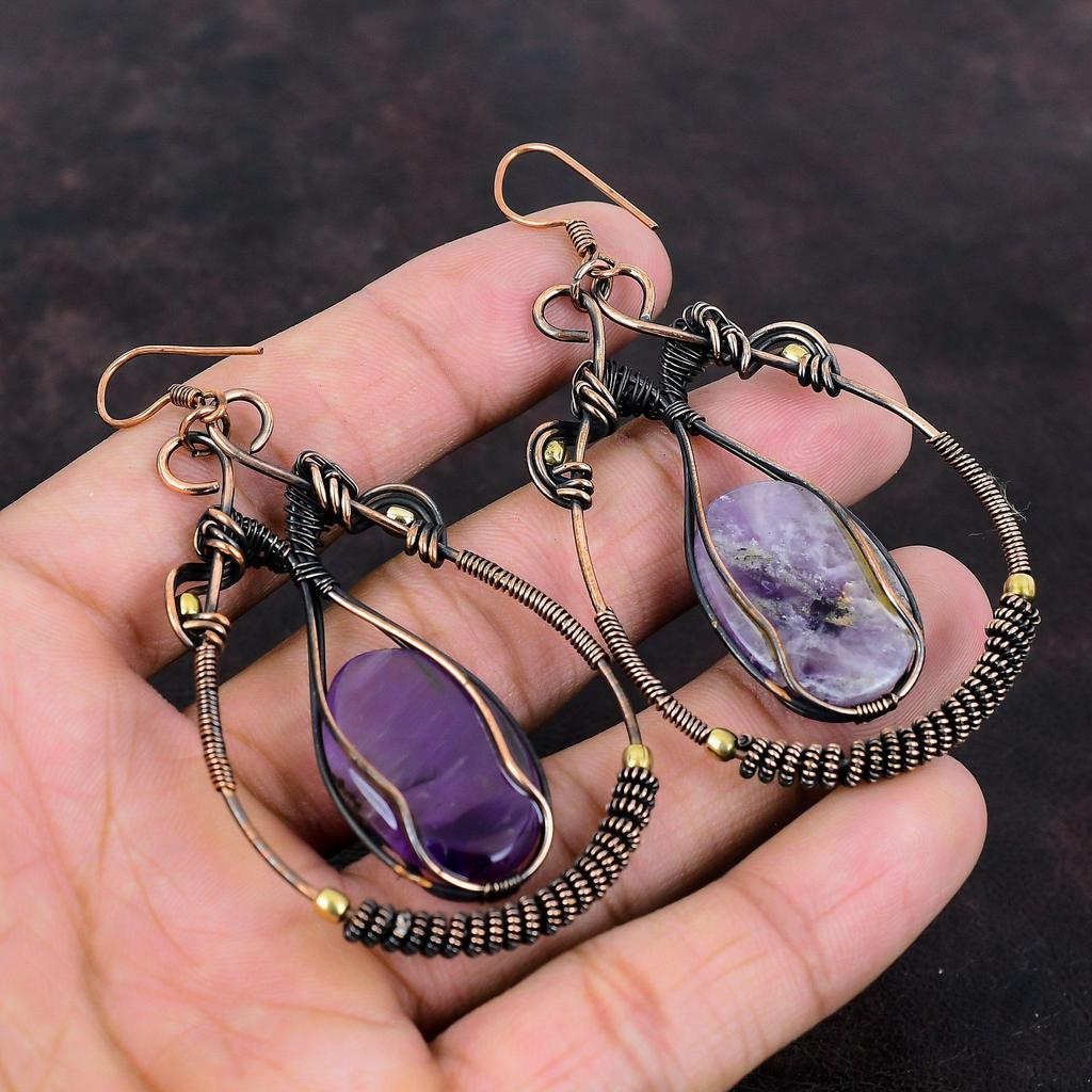 Star Amethyst Earring Copper Wire Wrapped Earring Genuine Gemstone Jewelry Handmade Earrings Very Pretty Copper Jewelry Women's Special Gift