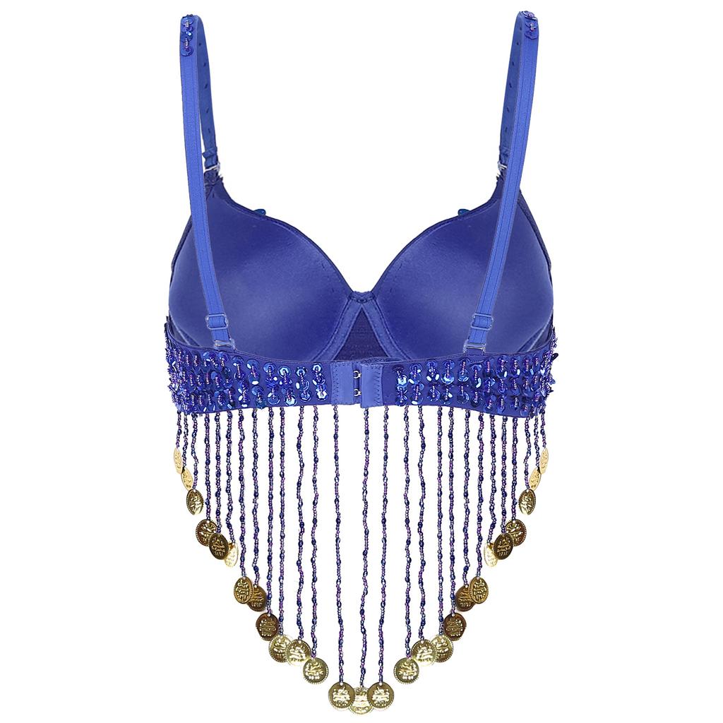 Womens Belly Dance Bra Adjustable Straps Design Shiny Sequins Plastic Beaded Tassels Underwired Costume