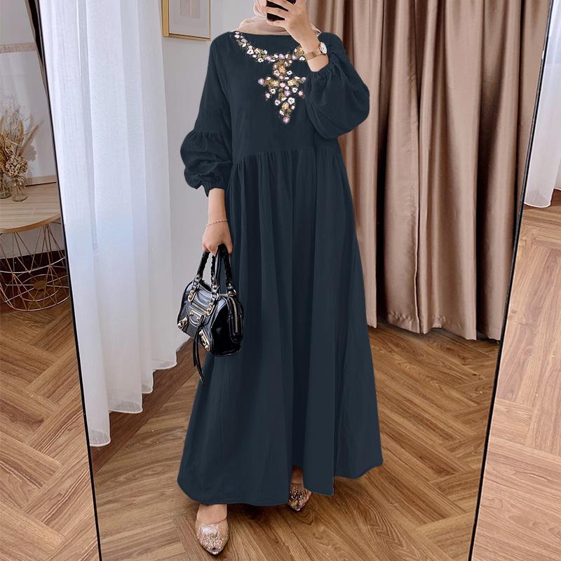 ZANZEA Women Casual Round Neck Long Sleeve Loose Floral Embroidery Dress