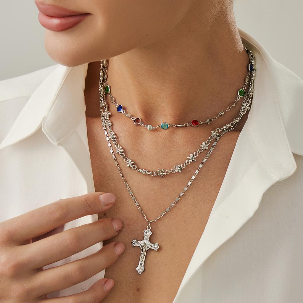 Salircon 3Pcs/set Boho Colorful Crystal Chain Necklace for Women Trendy Gold Color Cross Pendant Choker Luxury Jewelry Male Gift