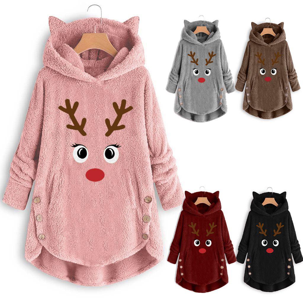 Cozy Fluffy Women's Christmas Sweatshirt With Adorable Elk Pattern And Cat Ear Design