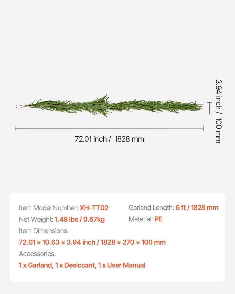 Christmas Garland, 1828 mm Realistic Norfolk Pine Garland, Evergreen Real Touch Artificial Faux Greenery Garlands, for Holiday Indoor Outdoor Xmas