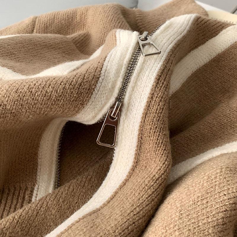 Women's Double-head Zipper Knitted Cardigan Pocket Contrast Loose Knit Sweater Stand Collar Cardigan Jacket Knitted Coat  Top
