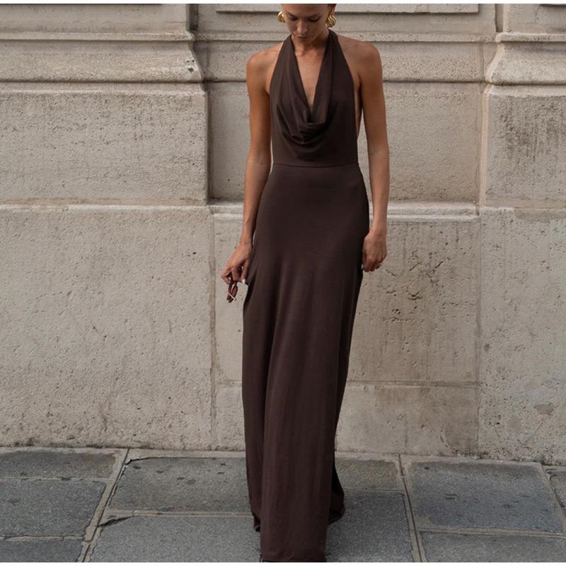 Halter Backless Women Dresses Sleeveless Solid Color Female Maxi Dress 2026 Elegant Spring Pleated Party Holiday A Line Lady Dresses