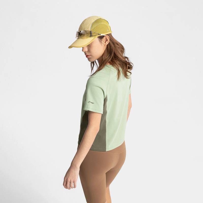 Li Ning CF Outdoor Series Solid Color Cool Comfort Skin-Friendly Antibacterial Short Sleeve T-Shirt Women Tops Bean-Paste-Green ATSV196-5