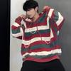 Unisex Oversized Knit Hoodie Sweater Casual Streetwear Striped Patchwork Cotton Blend Long Sleeve