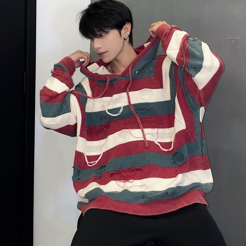 Unisex Oversized Knit Hoodie Sweater Casual Streetwear Striped Patchwork Cotton Blend Long Sleeve