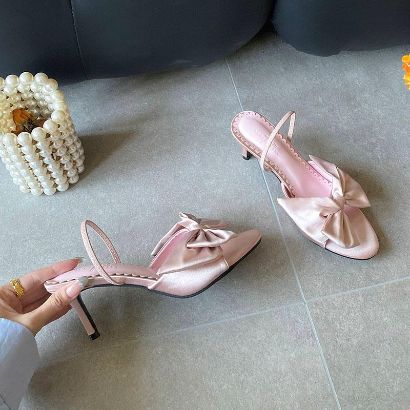 Mode Mode Schleife Damen Dünne Absätze Sandalen Schuhe Weiblich Runde Zehen Schuhe Elegant Damen Absatzsandalen Pantoletten Schuhe