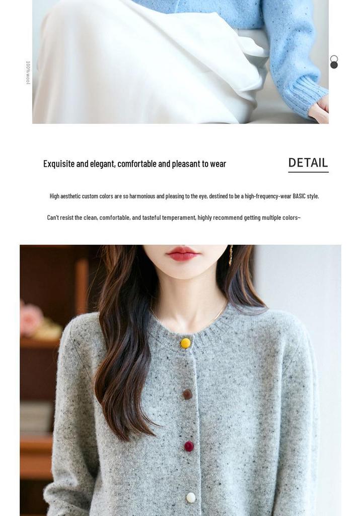 Women's 100% Wool Cardigan Sweater - Round Neck, Colorful Buttons, Loose Fit, Long Sleeve, Casual Autumn/Winter Fashion Outerwear